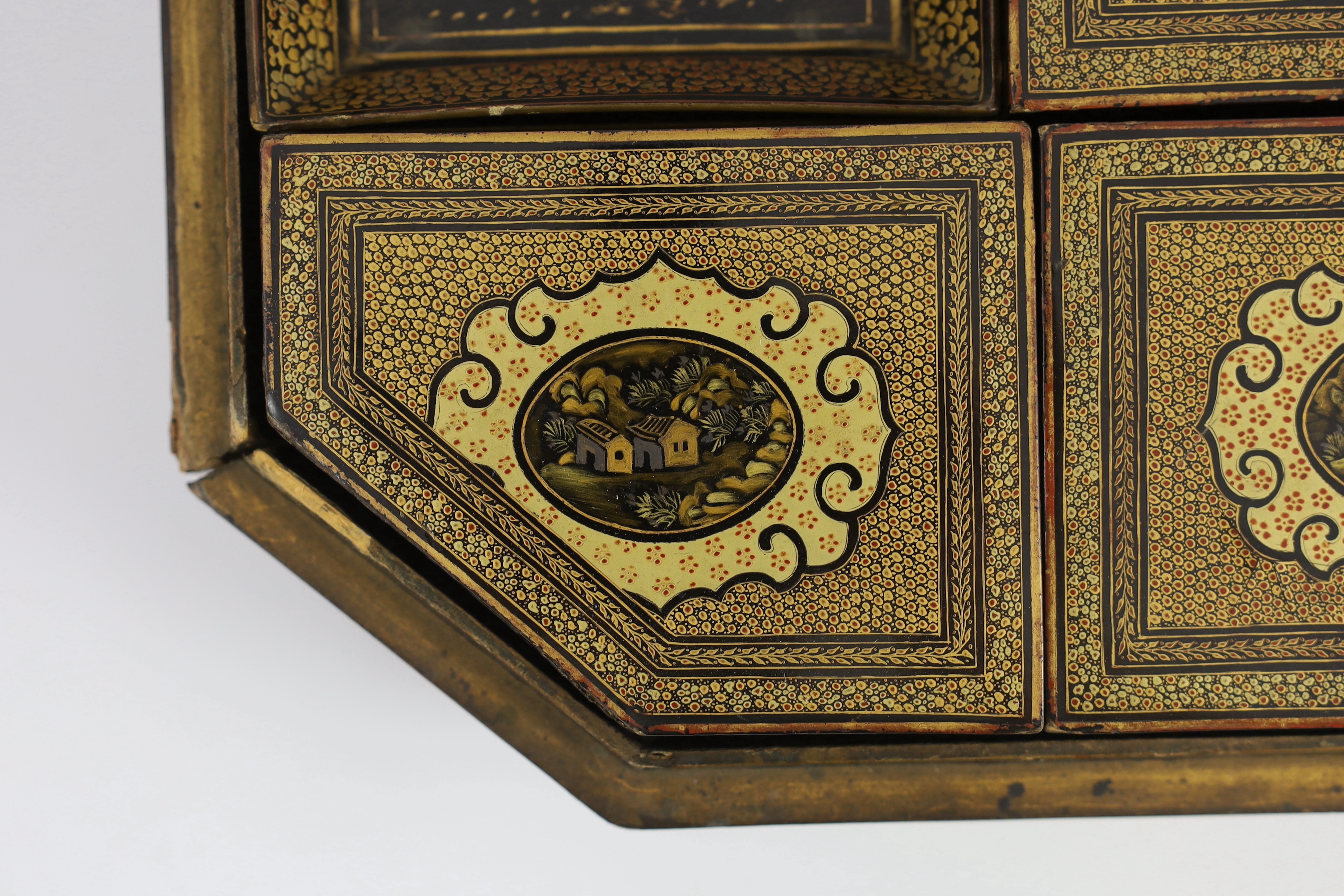A Chinese gilt decorated black lacquer games box, mid 19th century, slight faults